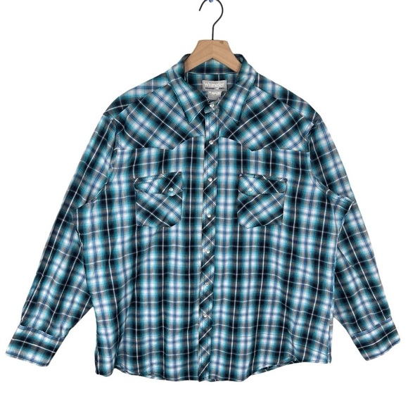 Wrangler Wrancher Pearl Snap Shirt Mens XL Western Plaid Long Sleeve Blue Black - Picture 1 of 9